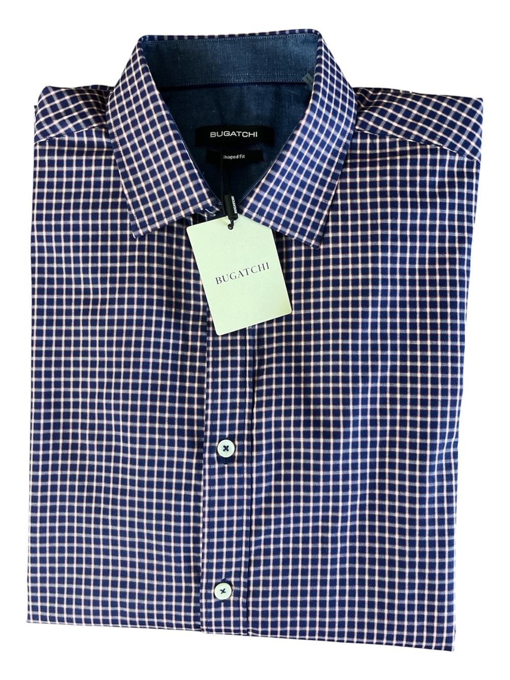 BUGATCHI Uomo Shape Fit Plaid Cotton Button Down Shirt Navy Burgundy Size M NWT